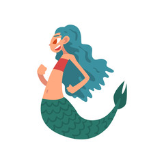 Cute Funny Little Mermaid with Turquoise Hair, Fairytale Mythical Creature Cartoon Character Vector Illustration