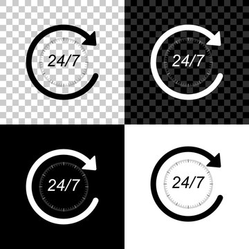 Open 24 hours a day and 7 days a week icon isolated on black, white and transparent background. All day cyclic icon. Vector Illustration