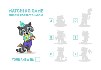 Educational Matching Game for Preschool Kids, Find the Correct Shadow with Cute Raccoon Animal Chracter Vector Illustration