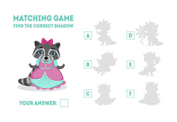 Educational Matching Game for Preschool Kids, Find the Correct Shadow with Cute Raccoon Girl Animal Character Vector Illustration