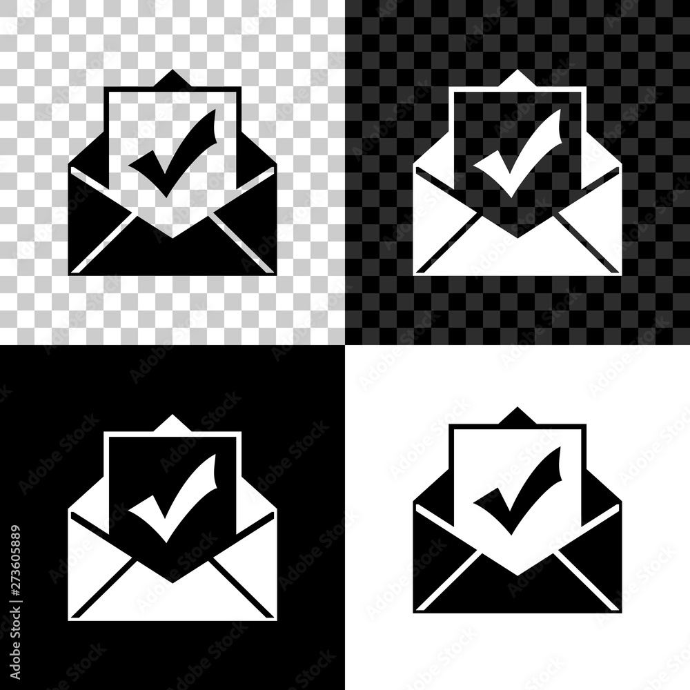 Poster envelope with document and check mark icon on black, white and transparent background. successful e-