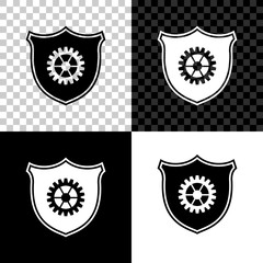 Shield with gear icon isolated on black, white and transparent background. Vector Illustration