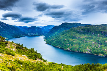 Naklejka na ściany i meble Mountains landscape and fjord in Norway