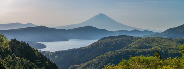 Fototapeta na wymiar Panoramic aerial view of Fuji mountain and lake Ashinoko.
