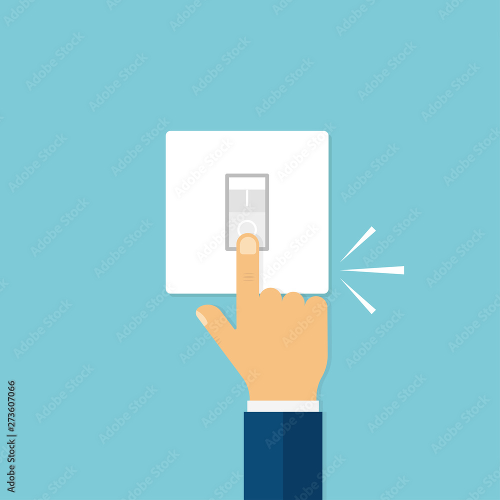 Poster hand with finger pushing switch with click sound. light off or on. electric button. home light.