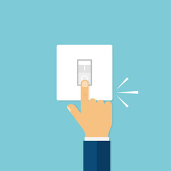 Hand with finger pushing switch with click sound. Light off or on. Electric button. Home light.