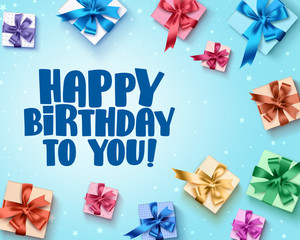 Happy birthday greeting card design with colorful birthday gifts elements and happy birthday text in blue background. Vector illustration