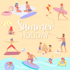 Summer beach concept. Different scenes of people on the beach. People relax on the beach, sunbathe, play sports and yoga, swiming in the sea, ride the surf. Editable vector illustration.