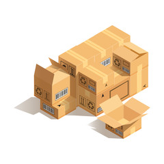 Stack of cardboard boxes isolated on white background. Concept of packing goods or moving. Vector illustration.