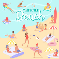 Summer beach concept. Different scenes of people on the beach. People relax on the beach, sunbathe, play sports and yoga, swiming in the sea, ride the surf. Editable vector illustration.