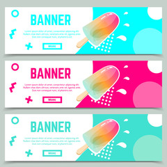 Set of abstract web banner templates in memphis style with fresh summer popsicle.