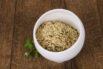Peeled hemp seeds in the bowl