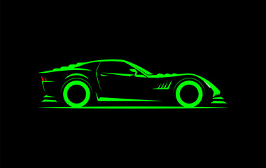 stylized simple drawing sport super car coupe side view on a dark background