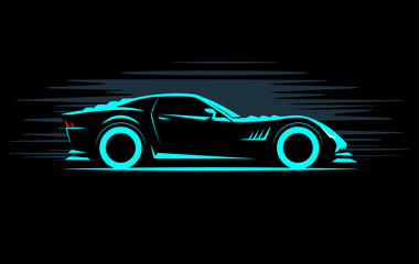stylized simple drawing sport super car coupe side view on a dark background