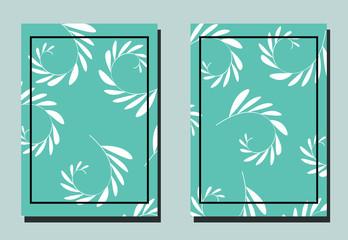 Cover with plant elements - sprigs with leaves. Blue and white colors.Two floral vector templates of flyers. A4 format.