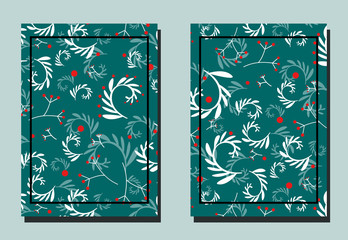 Cover with plant elements - sprigs with leaves and berry. Red, turquoise, white colors.Two floral vector templates of flyers. A4 format.