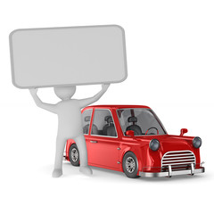 Man with banner and red car on white background. Isolated 3D illustration