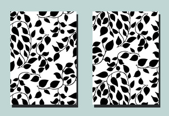 Cover with black leaves on white backdrop. Two floral vector templates of flyers. A4 format. Perfect for cover design, brochure, posters.