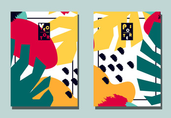 Cover with graphic elements - abstract shapes and monstera leaves. Two modern vector flyers in avant-garde collage style. Geometric wallpaper for business brochure, cover design.
