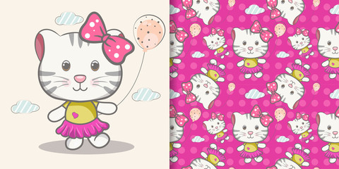 cute cat cartoon with pattern set