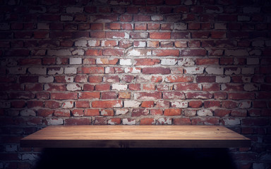 Empty wooden shelve on brick wall. 3d rendering