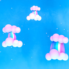 Obraz premium Pastel rainbows and clouds in the sky. 3d rendering picture.