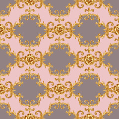 Baroque golden elements ornamental seamless pattern. Watercolor hand drawn gold element texture on pink background.