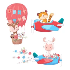 Tuinposter Dieren in luchtballon Set cartoon schattige dieren tijger herten en lama op een vliegtuig en ballon kinderen clipart.