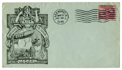Lakehurst, New Jersey, The USA - 30 May 1933: US historical envelope: blue cover with a cachet The USS Akron (ZRS-4) disaster, memorial day, Navy airship, vignette in memoriam lives lost, purple stamp