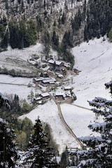 Small alpine village with few houses from above