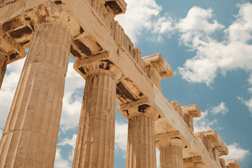 view from below of the temple in the Acropolis area in a sunny day in the capital of Greece -...
