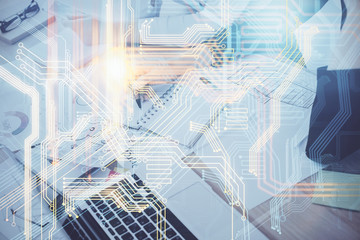 Multi exposure of hands making notes with world map hologram and data theme icons. Concept of global computer data.