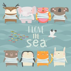 Set of cute animals wearing striped vest on sea background
