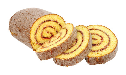 Traditional sponge Swiss roll with raspberry jam flavour filling isolated on a white background