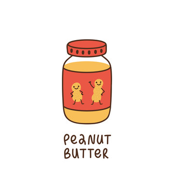 Jar of peanut butter, on the label drawn cute characters dancing peanut. It can be used for menu, banner, poster and other marketing materials. Vector Image.