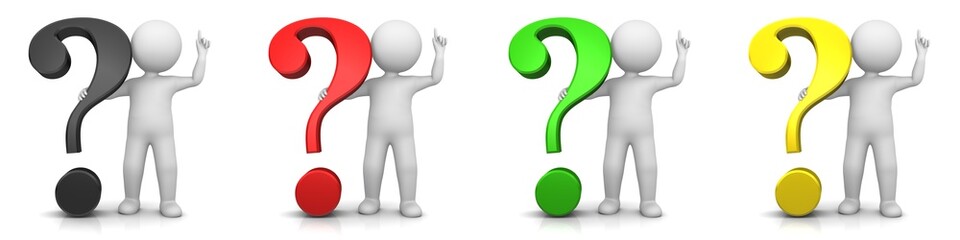 question marks 3d black red green gold yellow interrogation points white stick figure man pointing up
