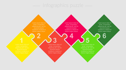 Six pieces jigsaw puzzle squares info graphic.