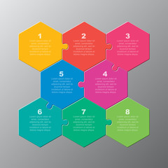Eight pieces puzzle jigsaw hexagonal info graphic