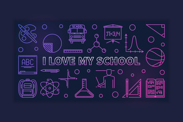 I Love My School concept linear colorful horizontal banner - vector illustration on dark background