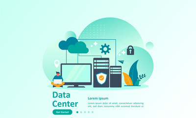 Data Center concept, cloud Computer Connection to server center with people character, Suitable for web landing page, ui, mobile app, banner template. Vector Illustration