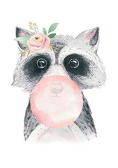 Watercolor forest cartoon isolated cute baby raccoon, animal with flowers. Nursery woodland illustration. Bohemian boho drawing for nursery poster, pattern