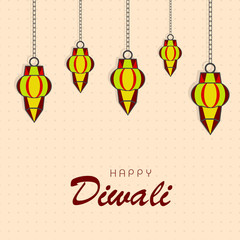 Happy Diwali celebration with hanging lamps.