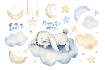 Cute dreaming cartoon animal hand drawn watercolor illustration. Sleeping charecher kids nursery wear fashion design, baby shower invitation card.