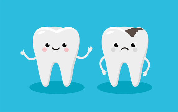 Happy Healthy Tooth and Moody Tooth with cavity Cartoon characters in flat design. Dental Infographic elements concept vector illustration in flat design.