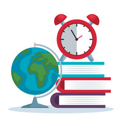 global map with books and clock alarm