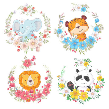 Set of cartoon cute animals elephant tiger lion and panda in flower wreaths for kids clipart.