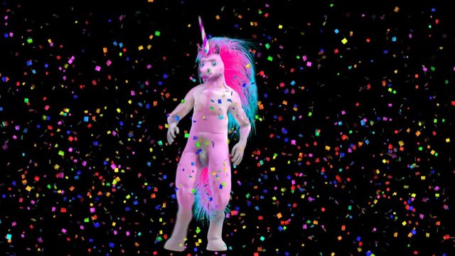 Seamless funny animation of a go go dancer unicorn dancing samba with a rain of rainbow color confetti.