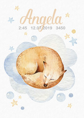 Cute dreaming cartoon fox animal hand drawn watercolor illustration. Sleeping charecher kids nursery wear fashion design, baby shower invitation card.