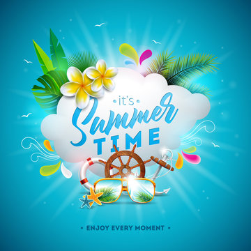 Vector Summer Time Illustration with Flower and Sunglasses on Ocean Blue Background. Tropical Plants, Anchor, Palm Leaves, Ship Steereng Wheel and Cloud for Banner, Flyer, Invitation, Brochure, Poster