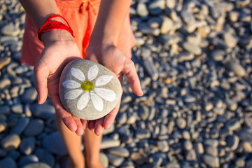 pebbles with a painted daisy in the hands of a child on the background of a pebble beach